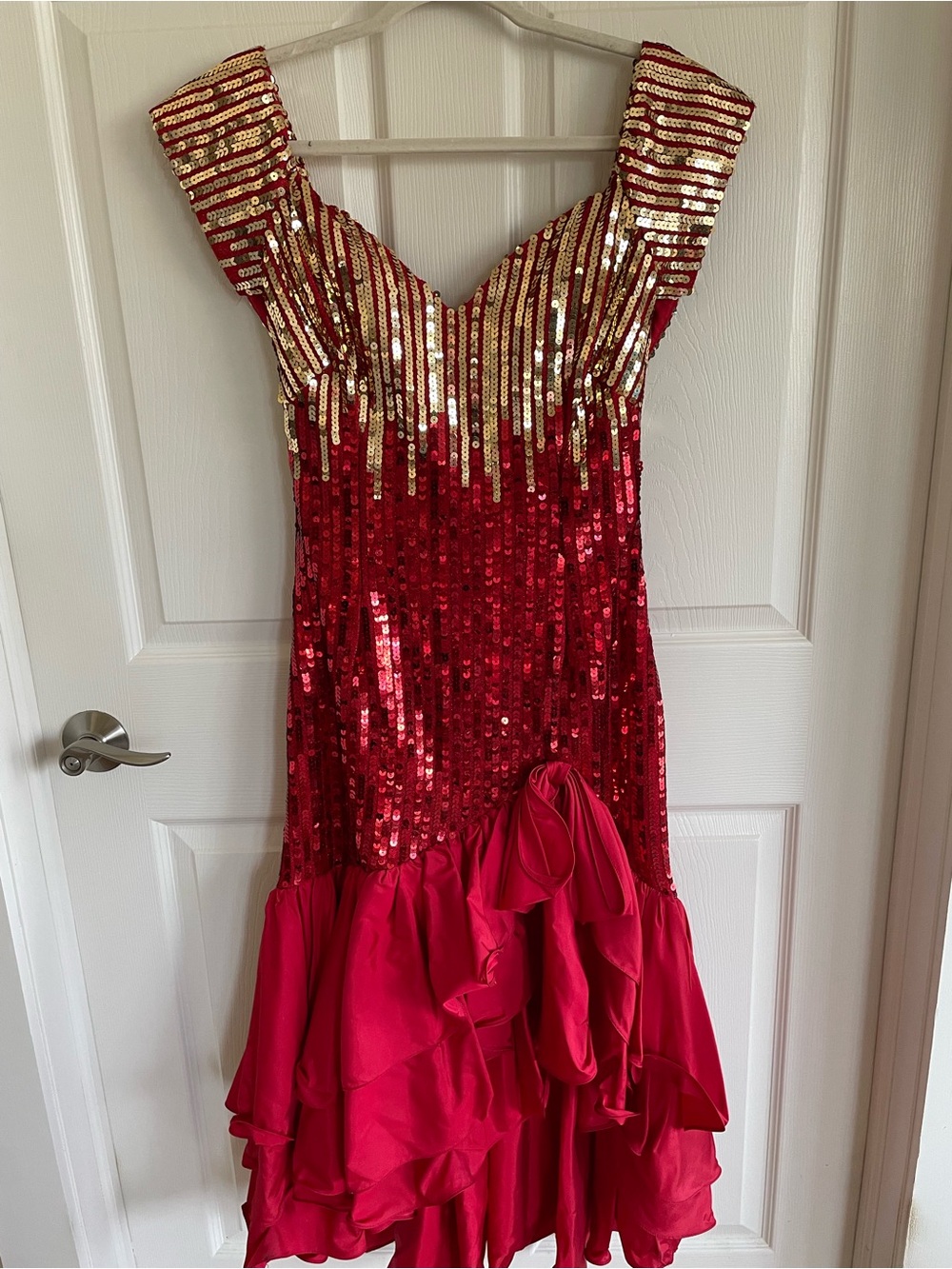Alyce Designs Red/Gold Sequin Dance Dress with Ruffled Hemline Size XS